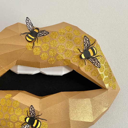 Paper Lips Bee Wall Art for Home Office or Salon |Yellow and Gold Honey Comb Lippies | Gift for Makeup Artist - Pucker Up Lips and Accessories
