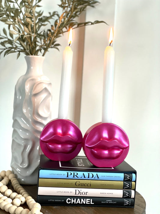 Lip Candle holders- Set of two with white candle sticks - Pucker Up Lips and Accessories