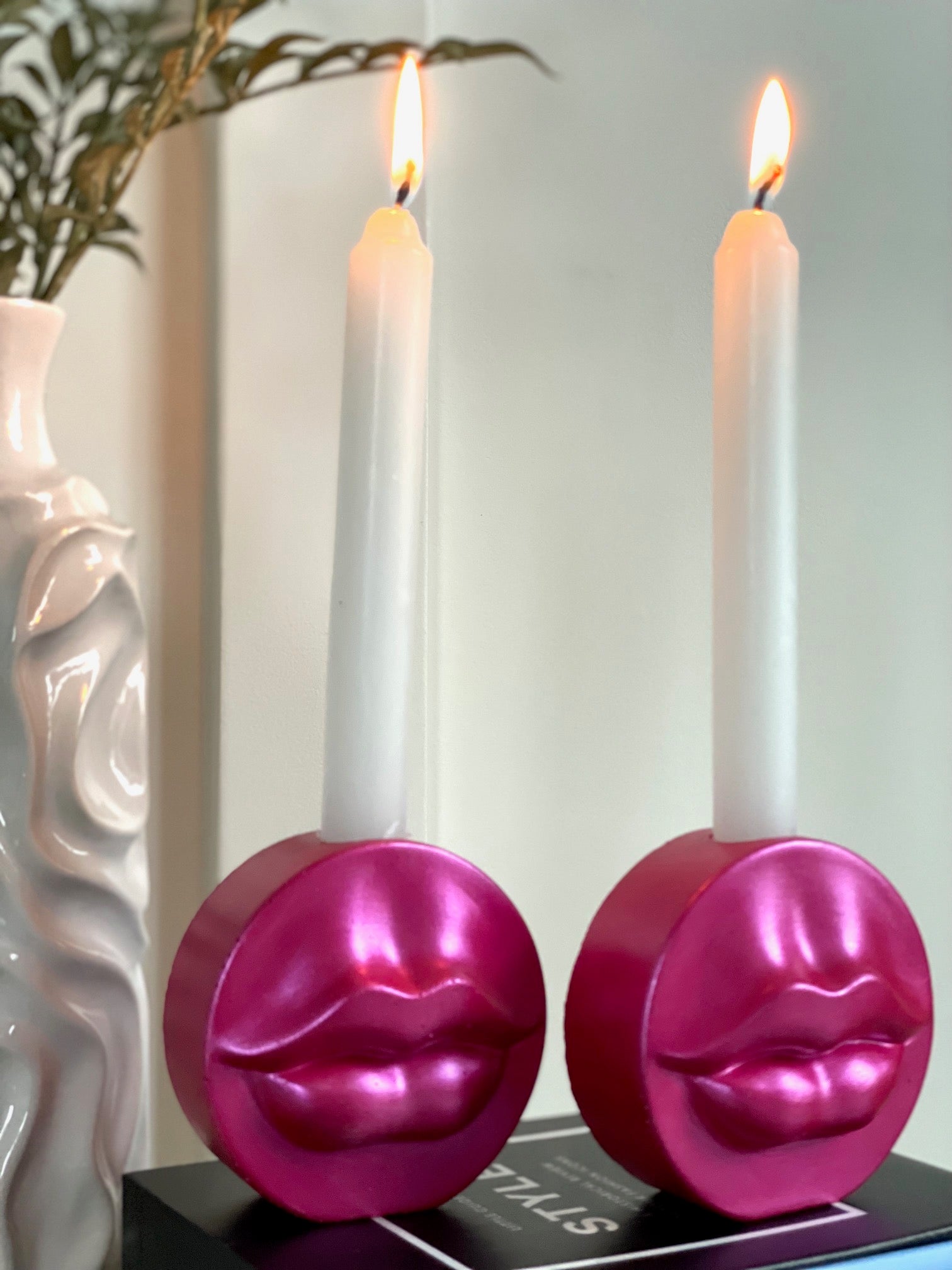 Lip Candle holders- Set of two with white candle sticks - Pucker Up Lips and Accessories