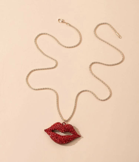 Lip Charm Necklace Red Crystals on Gold chain – Pucker Up Lips