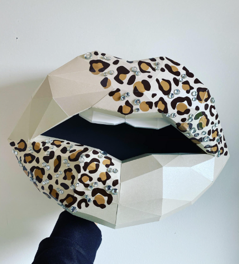 Paper Lips Leopard Print Wall Art for Home Office or Salon | Ivory Animal Print and Faux Diamond Bling Lippies | Gift for Makeup Artist - Pucker Up Lips and Accessories