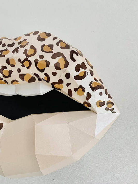 Paper Lips Leopard Print Wall Art for Home Office or Salon | Ivory Animal Print and Faux Diamond Bling Lippies | Gift for Makeup Artist - Pucker Up Lips and Accessories