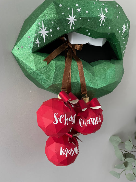 Holiday inspired family decor - stunning full green glitter lip adorn with customizable orinments - Pucker Up Lips and Accessories