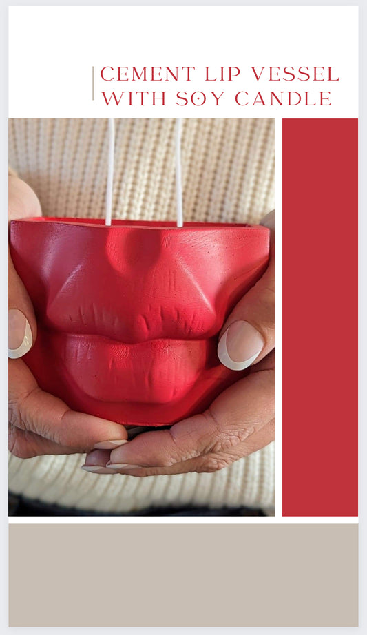 Pout Lip cement vessel with hand poured soy candle - Pucker Up Lips and Accessories