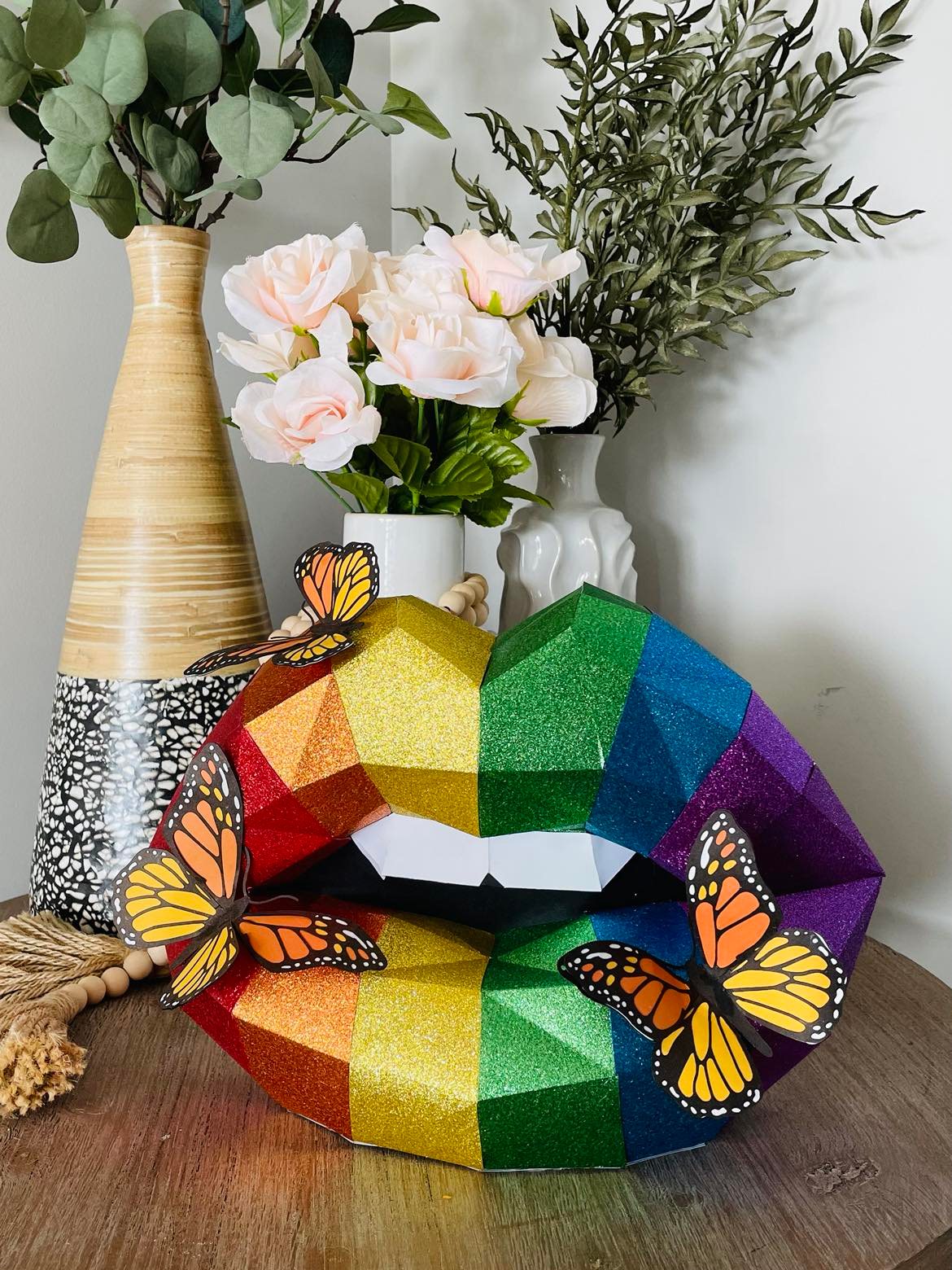 Rainbow glitter sitting Lip with butterflies Art for Home Office or Salon |  Fashion Lover | Gift for Makeup Artist - Pucker Up Lips and Accessories