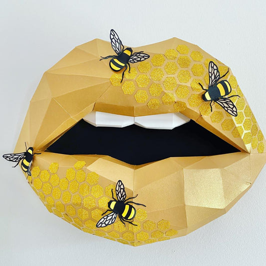 Paper Lips Bee Wall Art for Home Office or Salon |Yellow and Gold Honey Comb Lippies | Gift for Makeup Artist - Pucker Up Lips and Accessories
