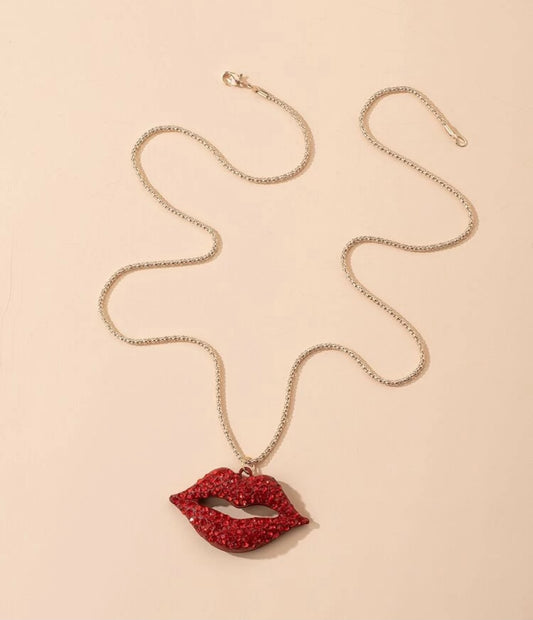 Lip Charm Necklace Red Crystals on Gold chain - Pucker Up Lips and Accessories