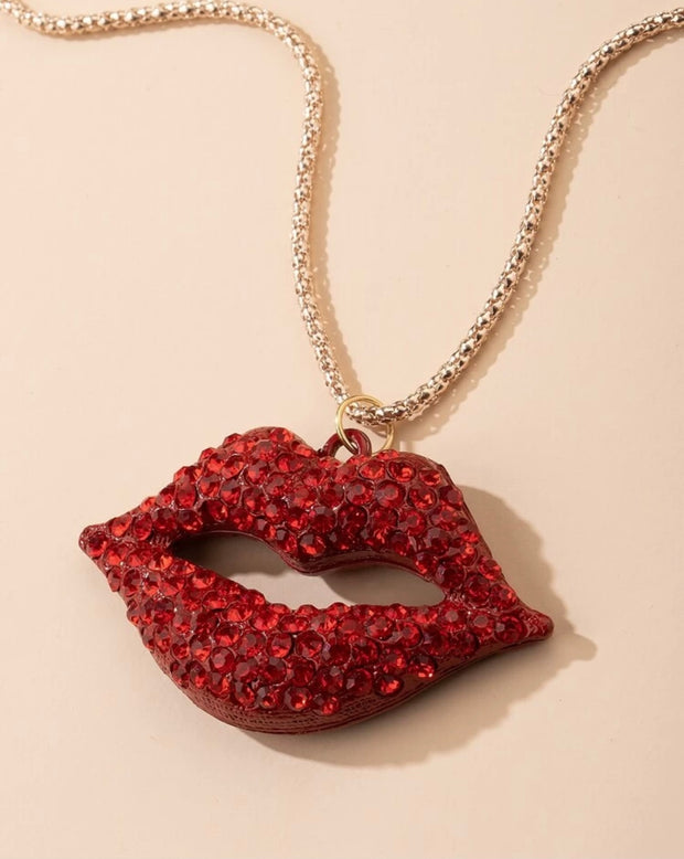 Lip Charm Necklace Red Crystals on Gold chain
