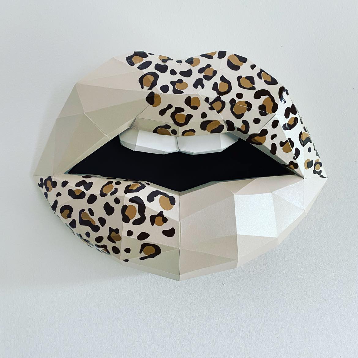 Paper Lips Leopard Print Wall Art for Home Office or Salon | Ivory Animal Print and Faux Diamond Bling Lippies | Gift for Makeup Artist - Pucker Up Lips and Accessories
