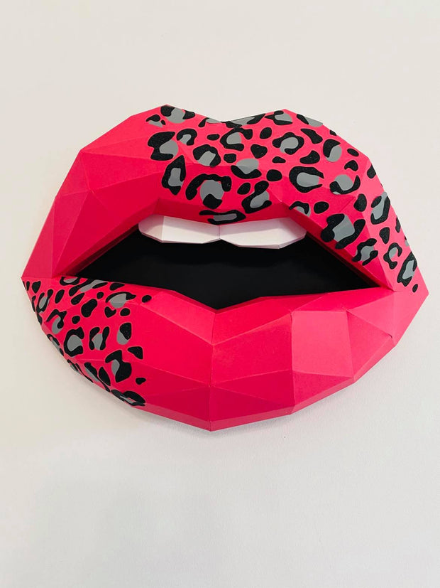 Paper Lips Leopard Print Wall Art for Home Office or Salon | Ivory Animal Print and Faux Diamond Bling Lippies | Gift for Makeup Artist