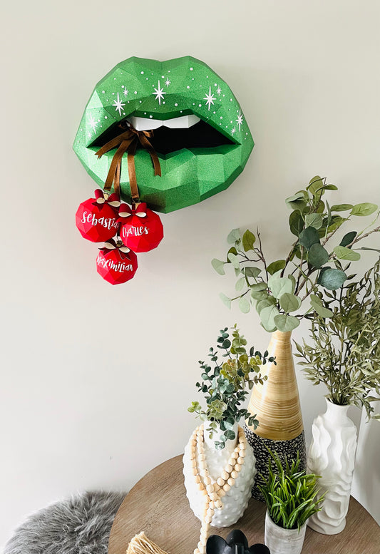 Holiday inspired family decor - stunning full green glitter lip adorn with customizable orinments - Pucker Up Lips and Accessories
