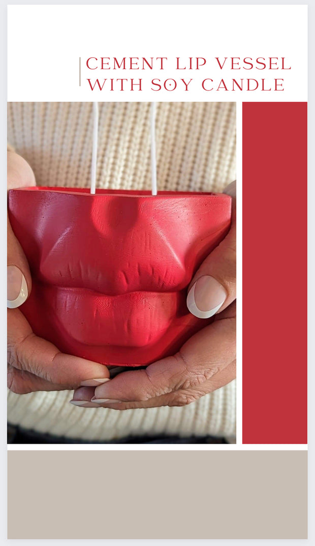 Pout Lip cement vessel with hand poured soy candle